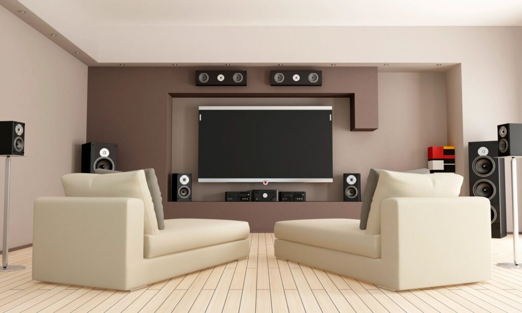 living room with 2 sofa and tv with sound system